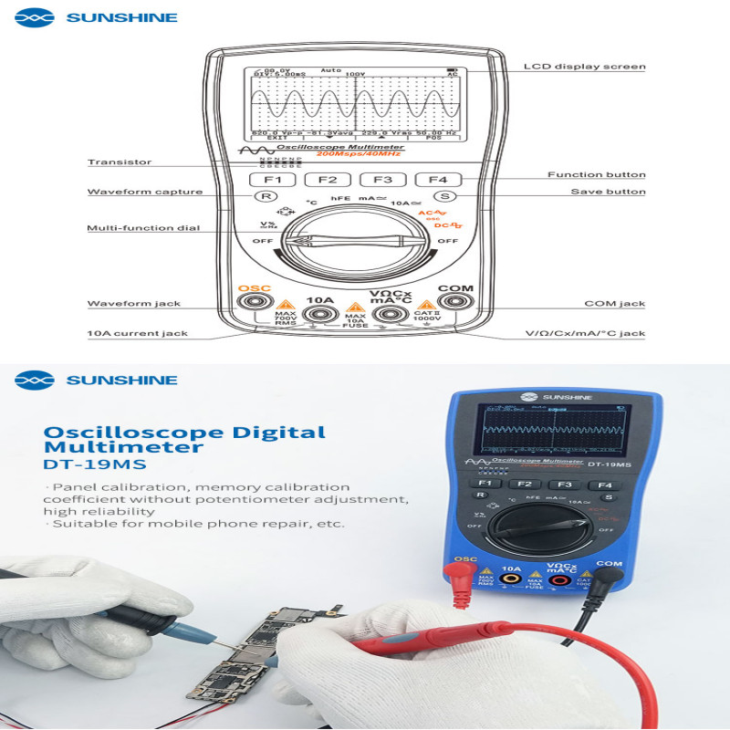 SUNSHINE DT 19MS 2in1Handheld Oscilloscope multimeter For Mobile phone